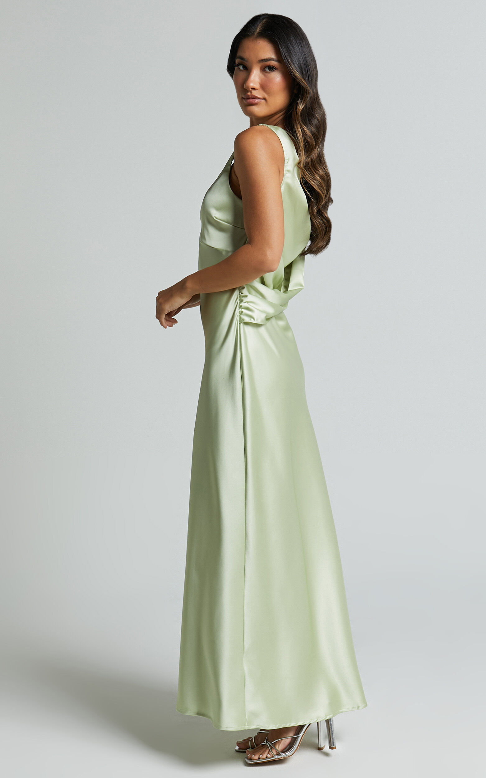 Bettina Midi Dress- Deep V Cross Back Satin Dress in Apple Green | Showpo