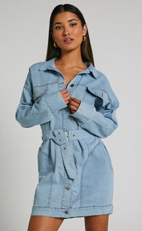 Enriquetta Mini Dress - Cotton Denim Long Sleeve Button Up Dress in Blue
