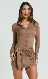 Lola Mini Dress - Long Sleeve Concealed Placket Front Faux Wrap Dress in Chocolate