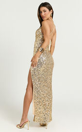 Nala Maxi Dress - Sequin Cowl Neck High Split Dress in Gold | Showpo