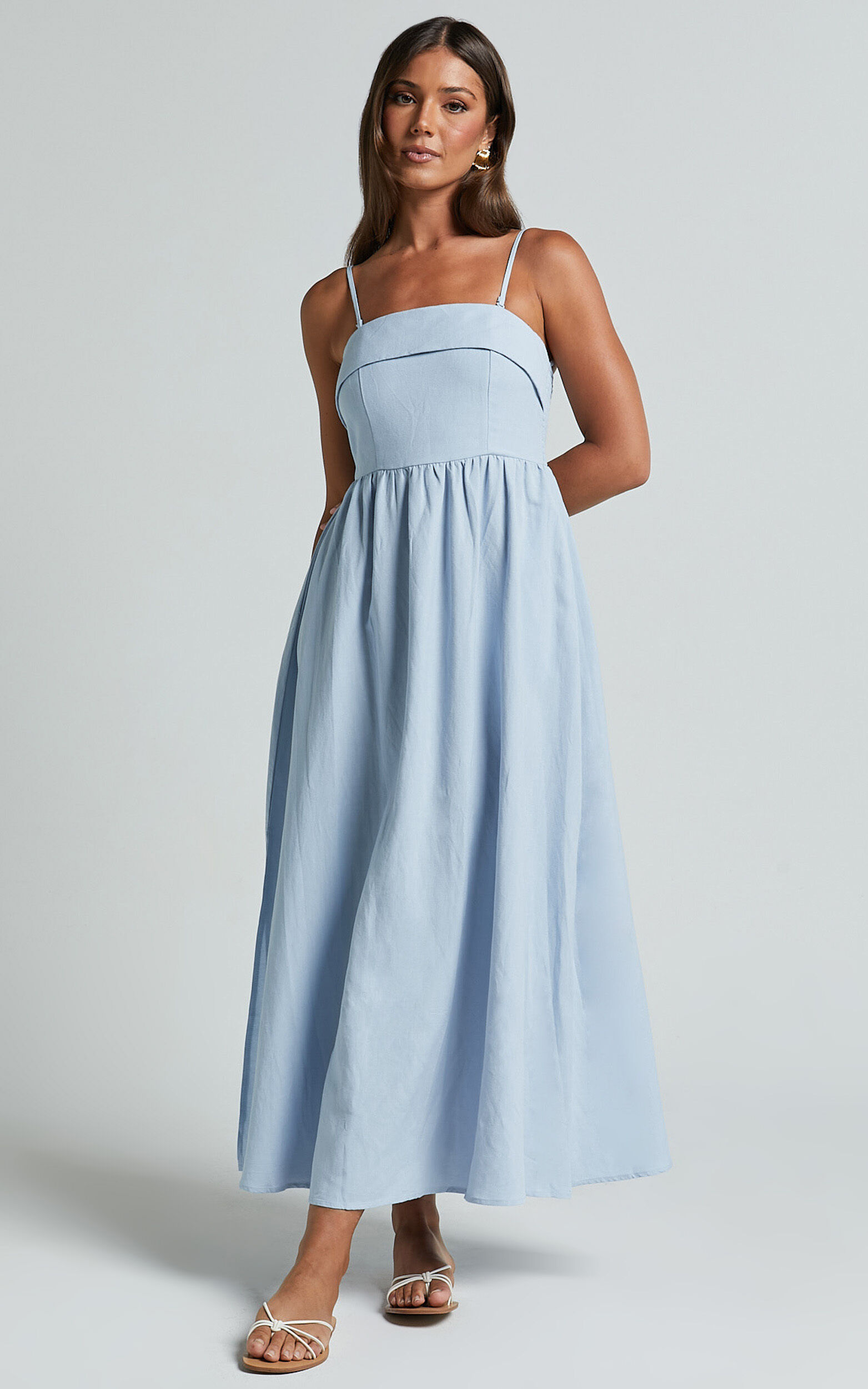 Carlyn Midi Dress - Linen Detachable Straps in Blue - 06, BLU1