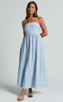 Carlyn Midi Dress - Linen Detachable Straps in Blue