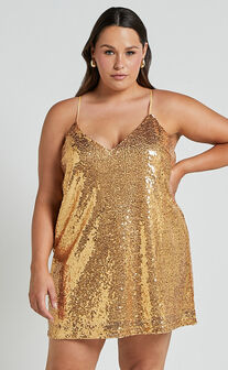 Delilaah Mini Dress - Strappy V Neck Slip Sequin Dress in Gold Sequins