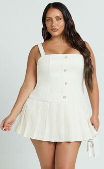 Calissa Mini Dress - Boucle Square Neck Drop Waist Pleated Dress in Cream