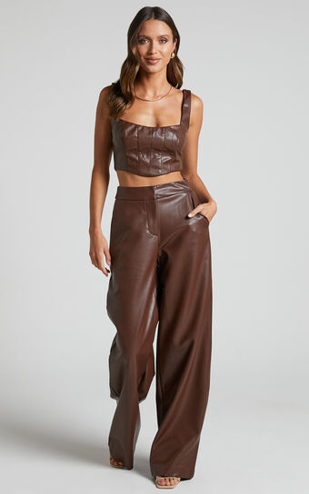 Minx - High Waisted Faux Leather Wide Leg Trousers in Chocolate