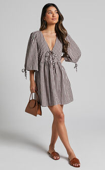 Rosita Mini Dress - Tie Front Puff Sleeve Dress in Brown and White Check