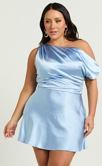 Adelaide Mini Dress - Off Shoulder Bias Cut Dress in Dove Blue