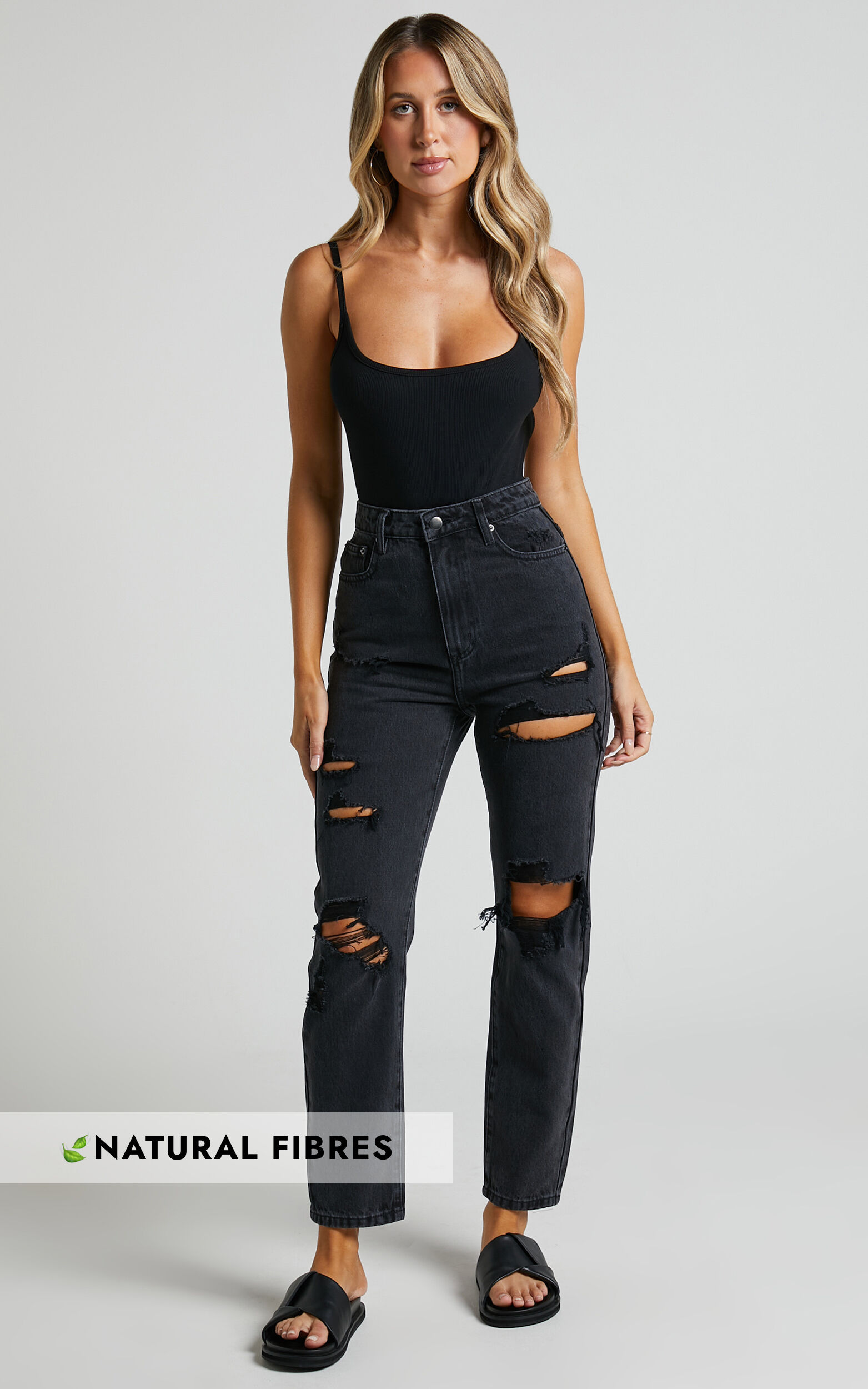 Billie Jeans - High Waisted Cotton Distressed Mom Denim Jeans in Black Wash - 04, BLK1