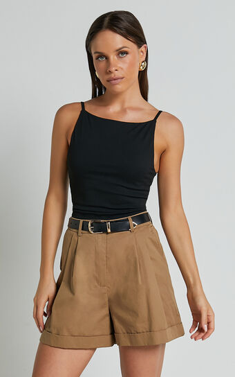 Khaimy Shorts - High Waisted Cuffed Shorts in Tan