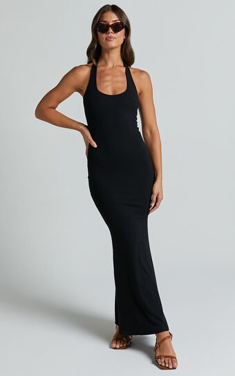 Bhelinda Midi Dress - Halter Neck Mermaid Dress in Black