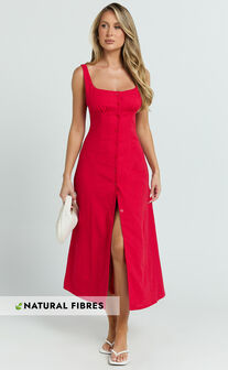 Cameron Midi Dress - Button Front Tie Back Dress in Red