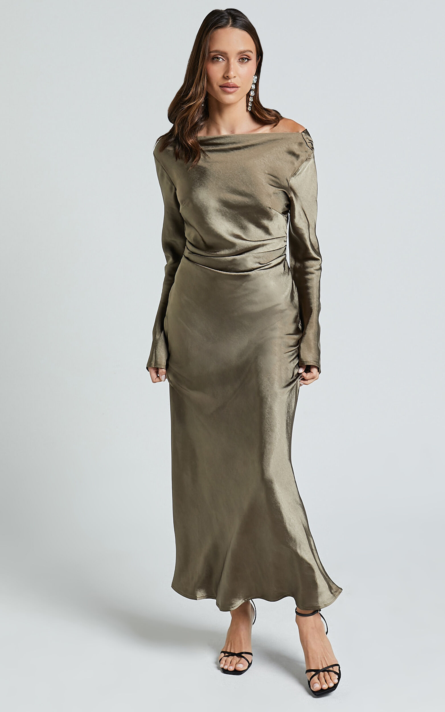 Arriana Midi Dress - Long Sleeve Cowl Back Satin Dress in Dark Olive - 06, GRN2
