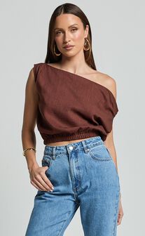 Collins Top - Draped Asymmetrical Neckline Top in Chocolate