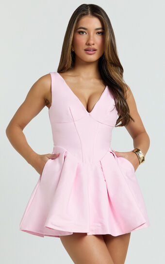 Yara Mini Dress - Plunge Corset Front V Waist Fit And Flare Dress in Pink
