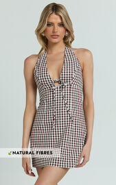 Emilia Mini Dress - Plunge Halter Bodycon Dress in Brown/White | Showpo USA
