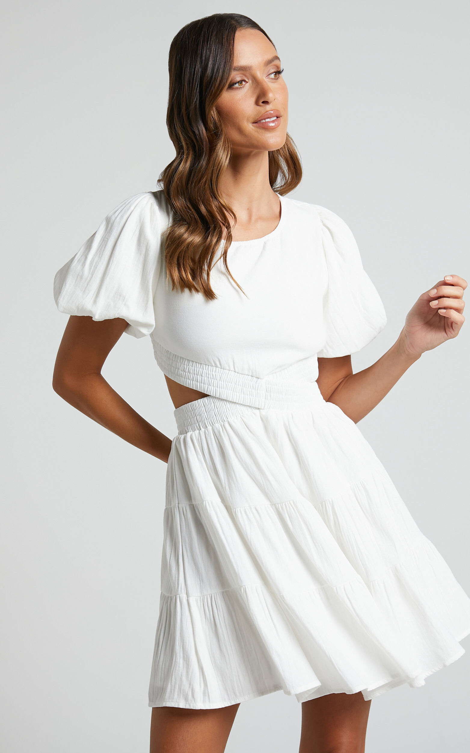 Ramona Mini Dress - Scoop Neck Cut Out Tiered Dress in White - 06, WHT1