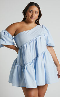 Harleen Mini Dress - Linen Look Asymmetrical Trim Puff Sleeve Dress in Light Blue