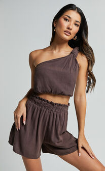 Raylene Two Piece Set - Linen Knotted One Shoulder Top and Paper Bag Waist Shorts in Tobacco