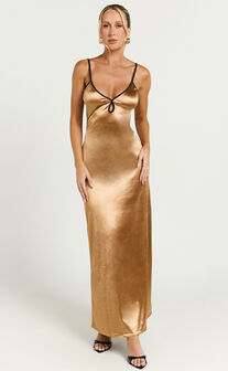 Melai Midi Dress - Contrast Satin Slip Midi Dress in Gold & Black