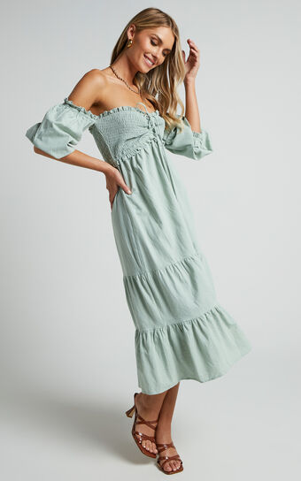 Nikka Midi Linen Blend Dress - Shirred Off Shoulder Puff Sleeve Dress in Sage