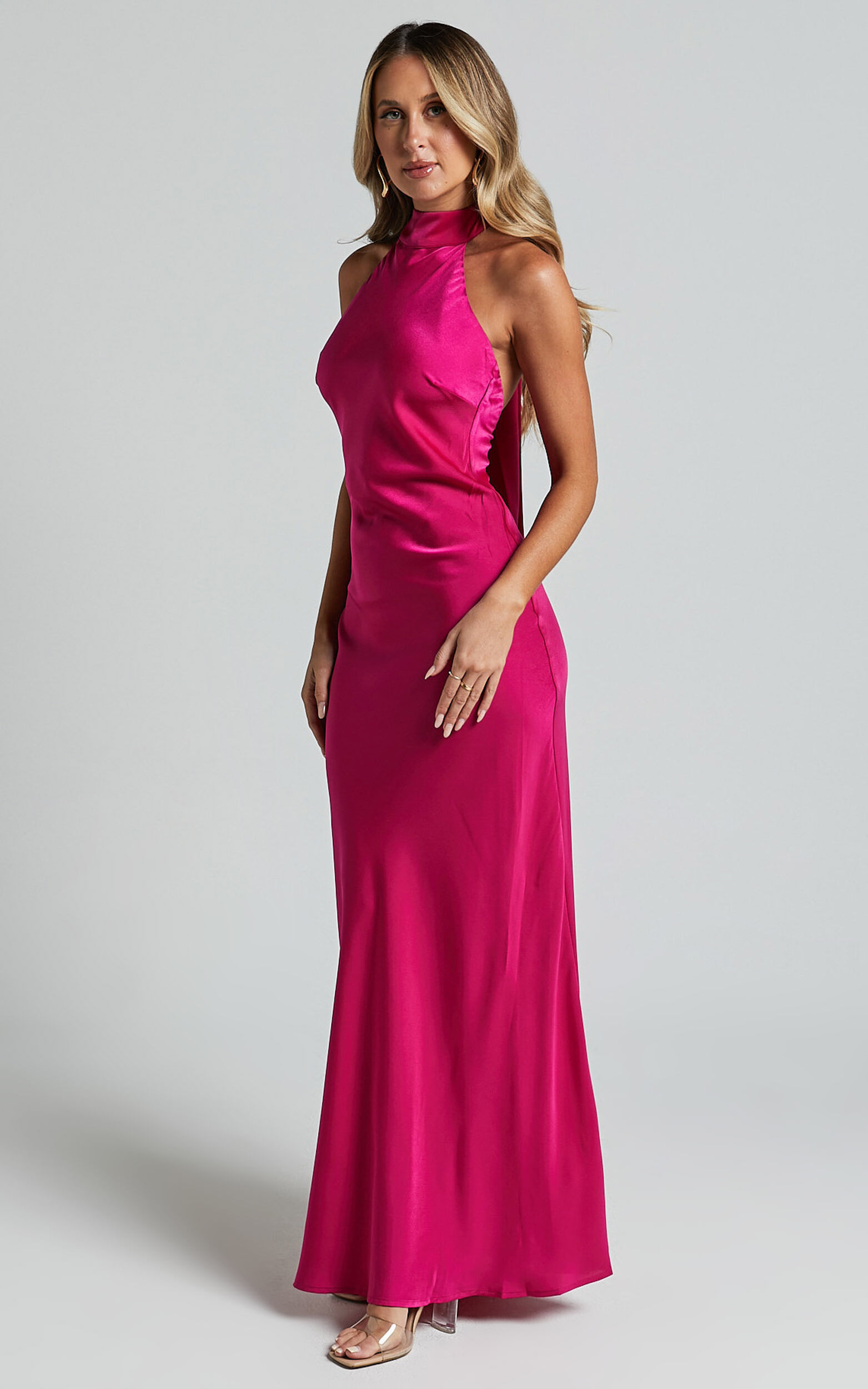 Alycia Maxi Dress - High Neck Tie Back Slip in Pink | Showpo USA