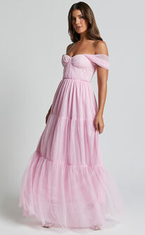 Ontario Maxi Dress - Off Shoulder Corset Bodice Tulle Dress in Ballet Pink