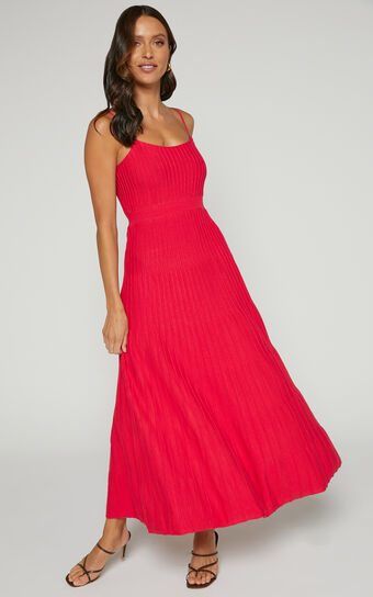 Donissa Midi Dress - Panelled Knit Dress in Cherry Red