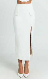 Davie Midi Skirt - High Waist Split Front Skirt in White