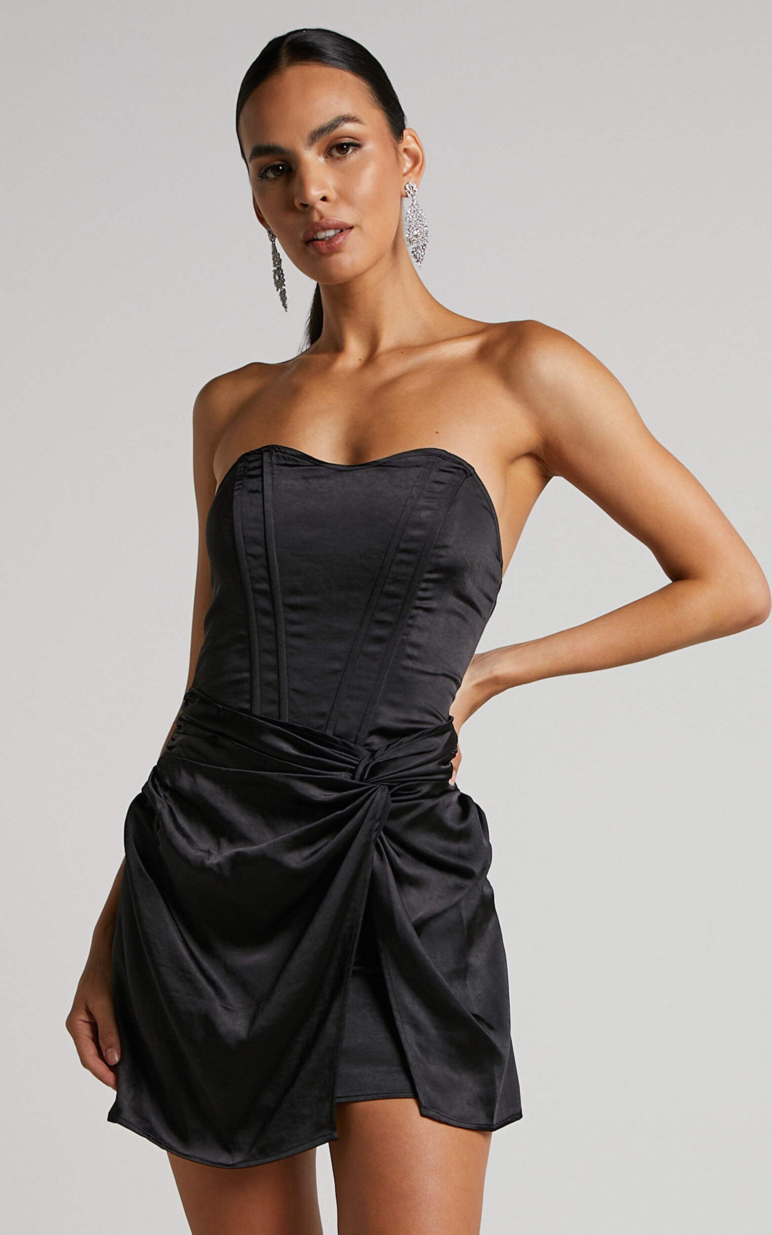 Roxzaye Mini Dress - Strapless Bustier Drape Skirt Dress in Black - 04, BLK1