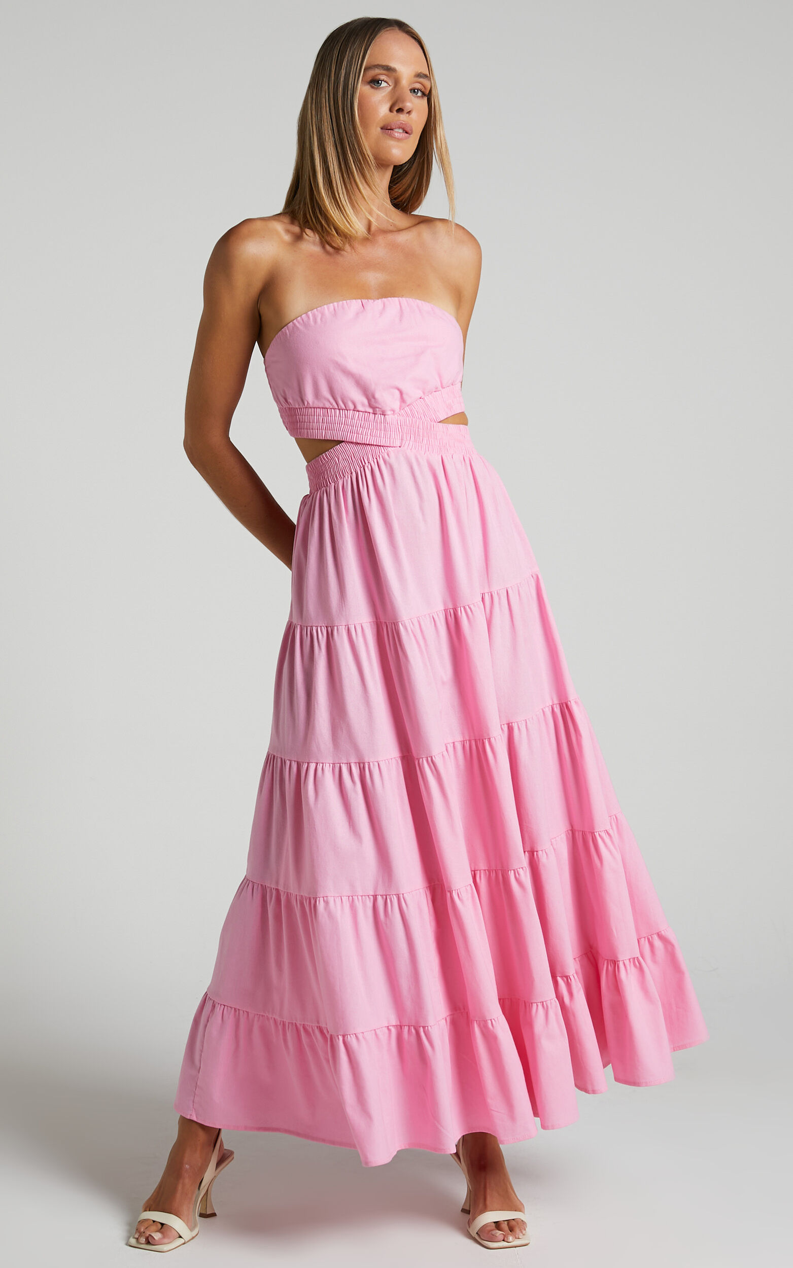 Xiomara Maxi Dress - Strapless Cut Out Tiered Dress in Pink - 06, PNK1