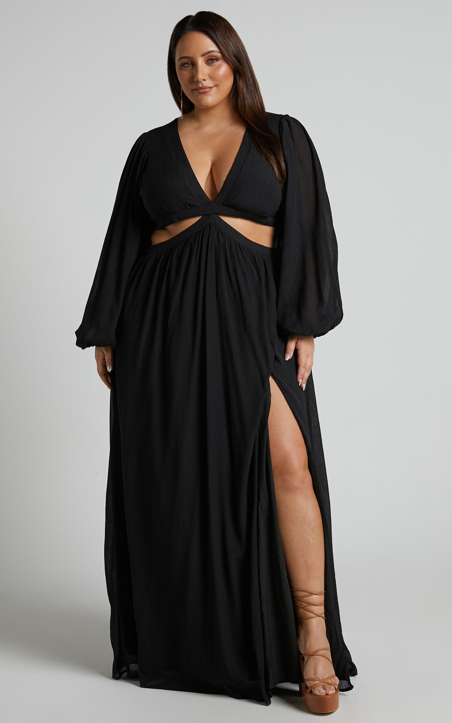 Paige Maxi Dress Side Cut Out Balloon Sleeve Dress in Black