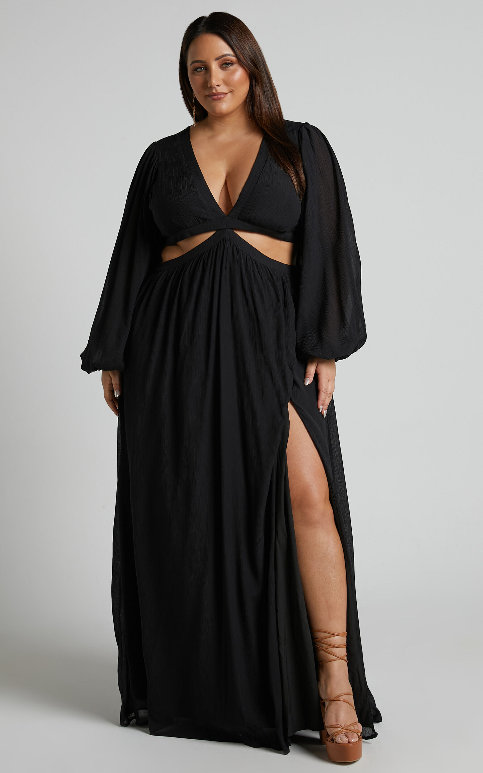 Paige Maxi Dress - Side Cut Out Balloon Sleeve Dress in Black