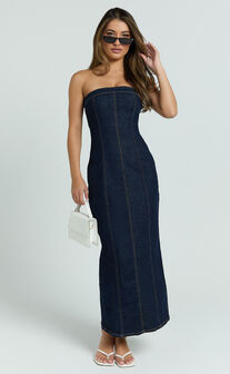 Keziah Maxi Dress - Denim Strapless Bodycon Dress in Indigo Wash
