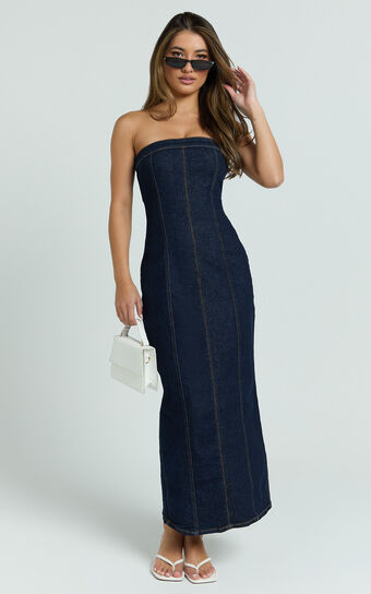 Keziah Maxi Dress - Denim Strapless Bodycon Dress in Indigo Wash