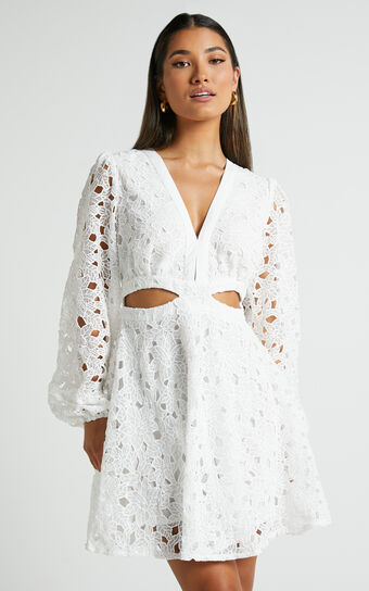 Jodee Mini Dress - Long Sleeve V Neck Broderie Dress in White