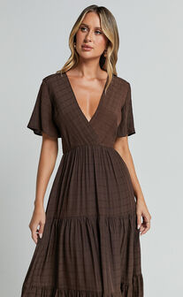 Cryzel Midi Dress - Flutter Sleeve Tiered Dress in Chocolate