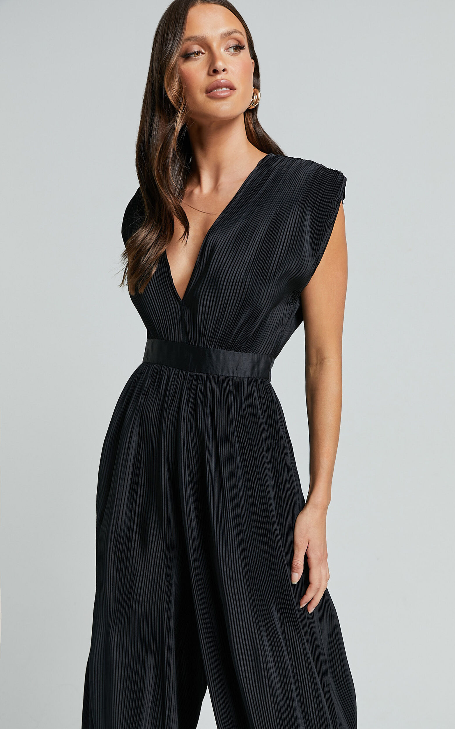 Lina Jumpsuit Plunge Neck Pleated Wide Leg Jumpsuit in Black Showpo