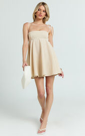Jazmin Mini Dress - Tie Shoulder Fit And Flare Dress in Oatmeal | Showpo