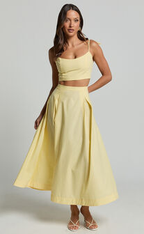 Rosalee Two Piece Set - Strappy Crop Top and High Waisted A Line Midi Skirt Set in Yellow