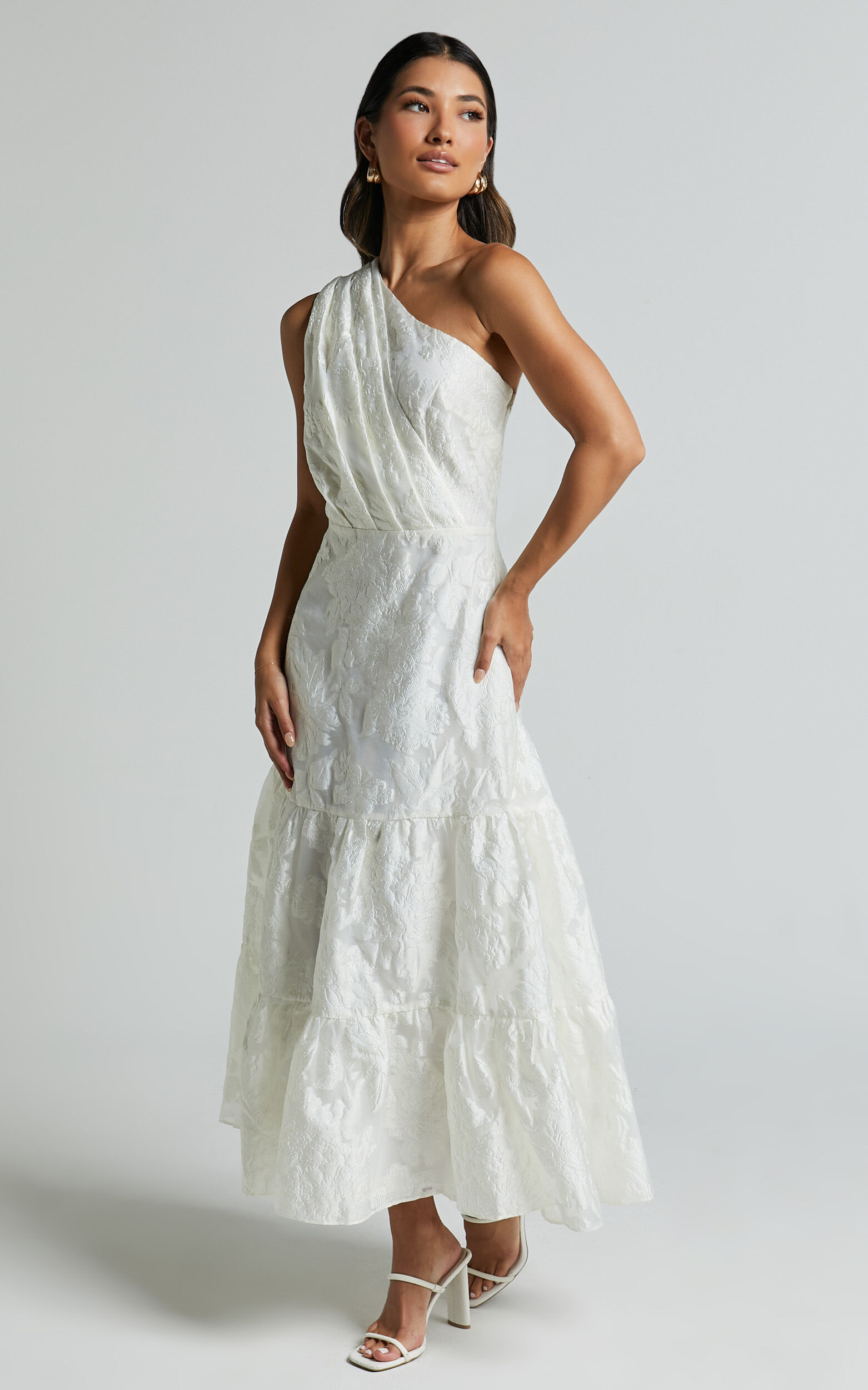 Nadette Midi Dress One Shoulder Pleated Tiered Dress in White Showpo USA