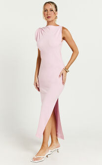 Jessenia Midi Dress - Linen High Neck Dress in Soft Pink