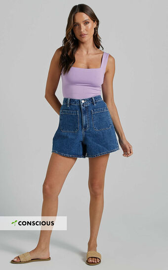 Yeena Shorts - Denim High Waisted in Mid Blue Wash