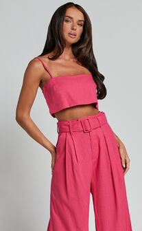 Thelma Two Piece Set - Linen Look Bandeau Crop Top and Belted Wide Leg Pants Set in Hot Pink