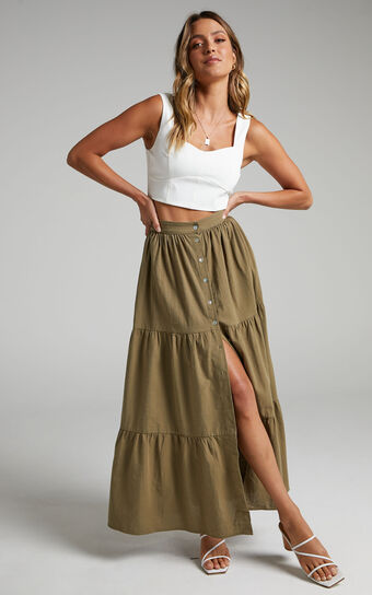 Arabella Tiered Button Front Maxi Skirt in Khaki