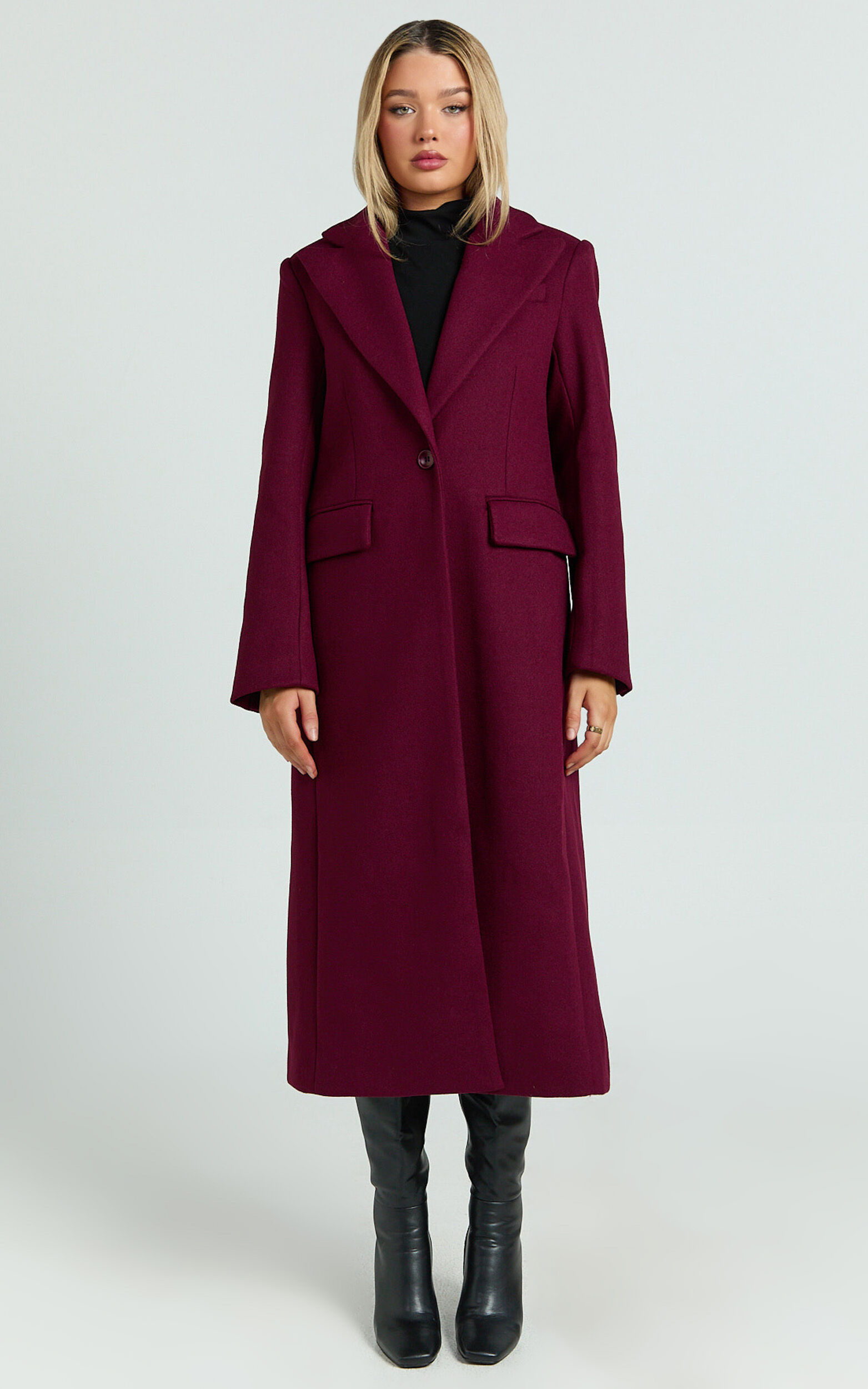 Michaela Coat - Oversized Lapel Single Button Coat in Wine - 06, WNE1