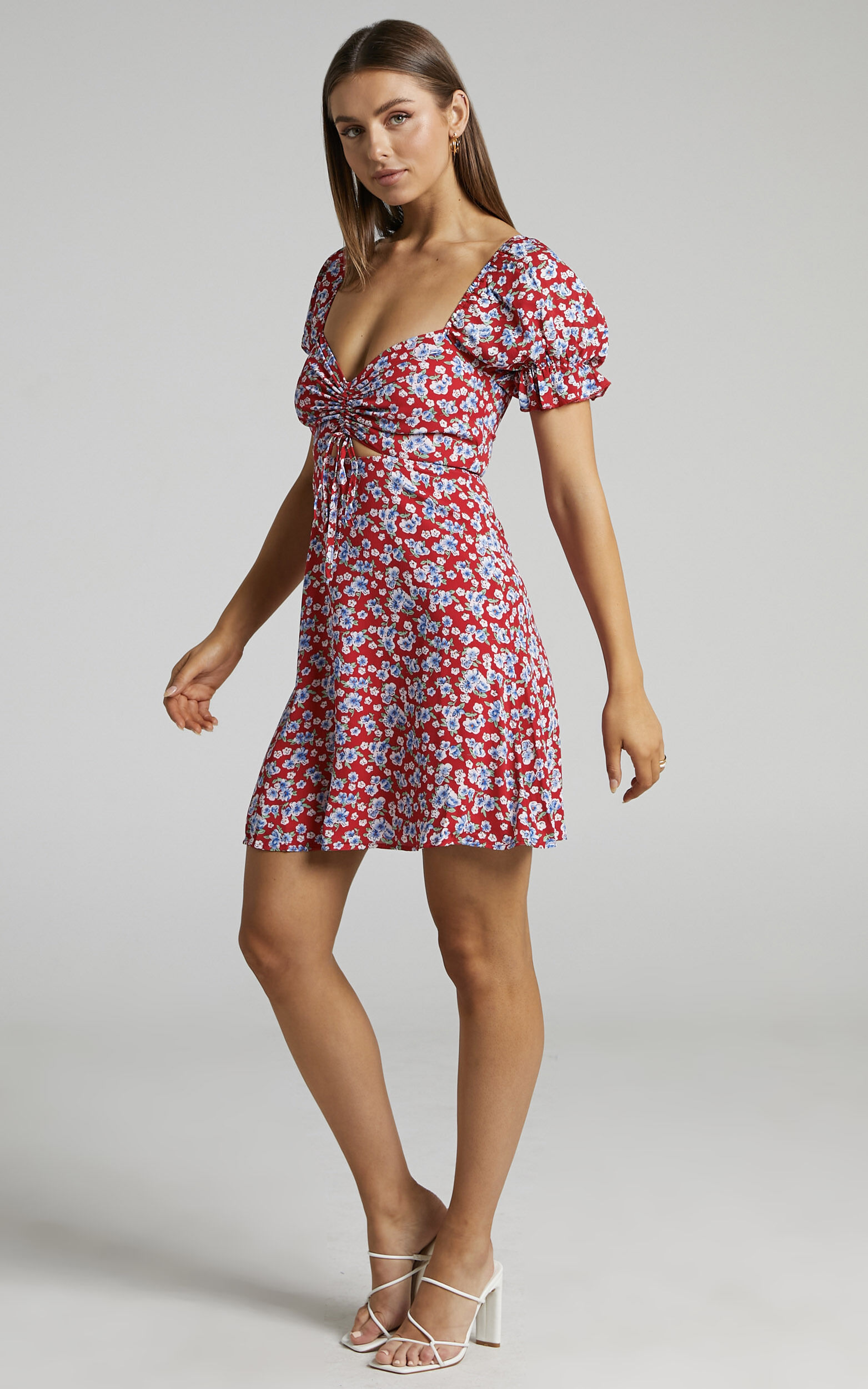 Raja Puff Sleeve Sweetheart Mini Dress in Red Showpo