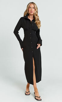 Genevieve Midi Dress - Slim Shirt Dress in Black
