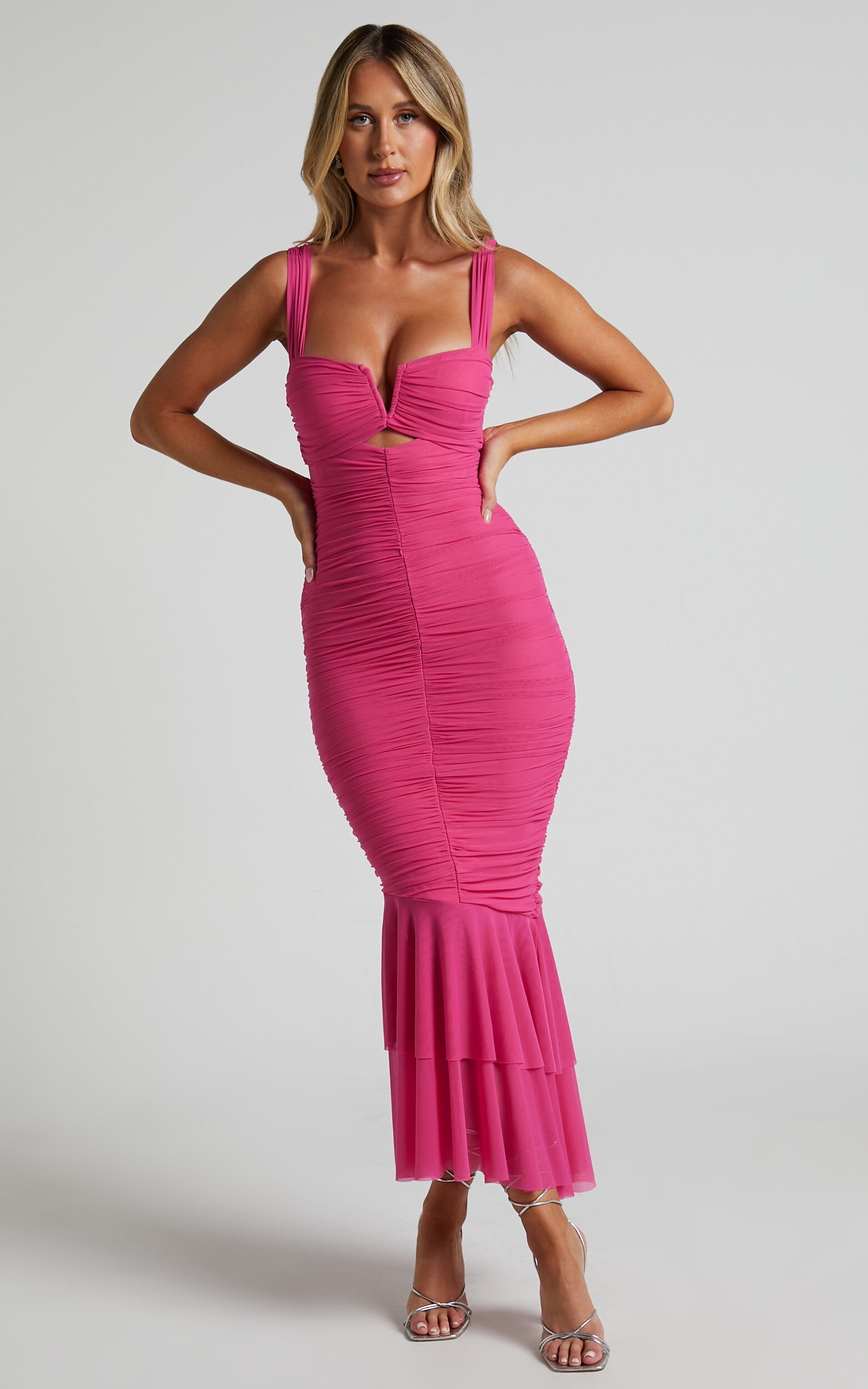 Pink ruched outlet mesh dress