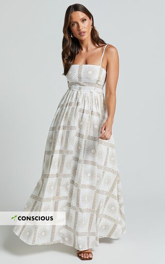 Abbey Maxi Linen Blend Dress - Strappy Straight Neck A Line Dress in White & Brown Sun Print