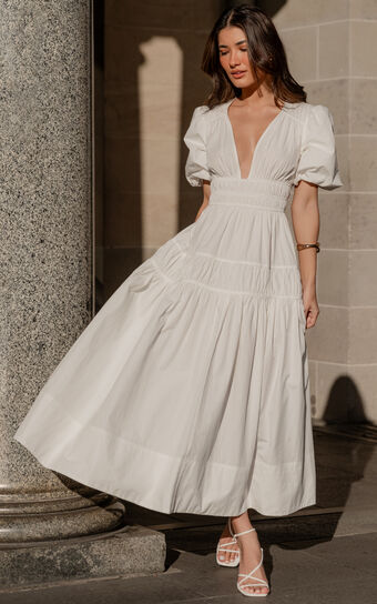Mellie Midi Dress - Puff Sleeve Plunge Tiered Dress in White Showpo